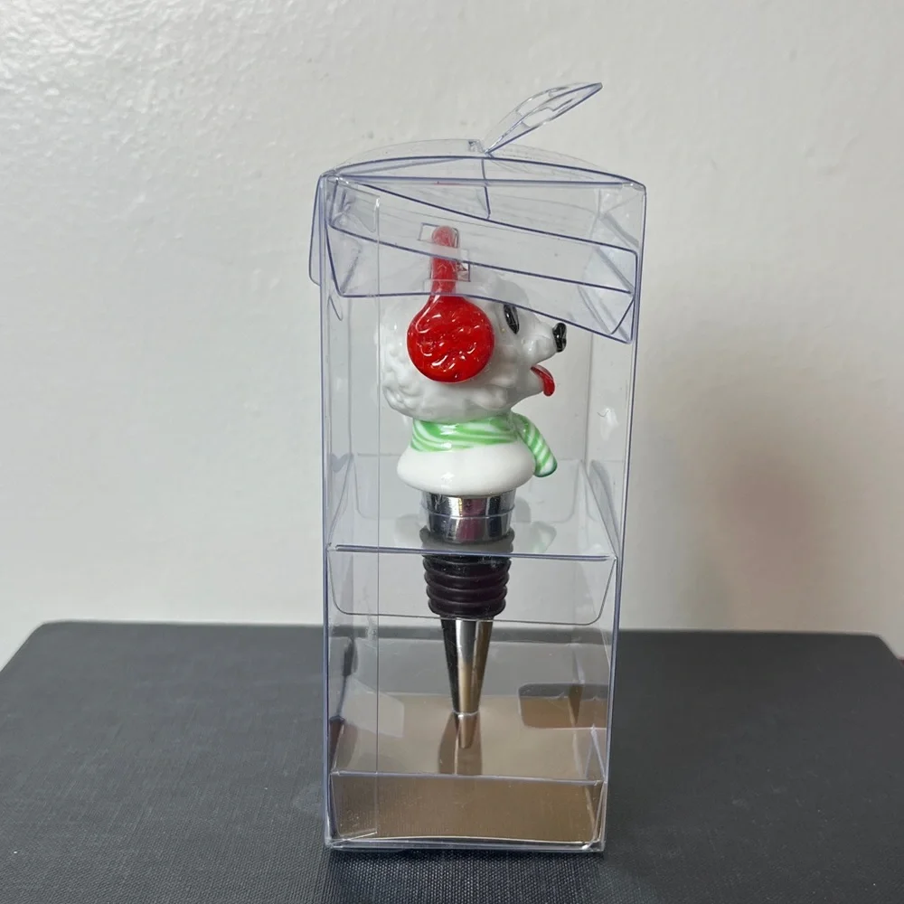 Pier 1 Ceramic White Dog w Red‎ Earmuffs Green Scarf Holiday Wine Bottle Stopper